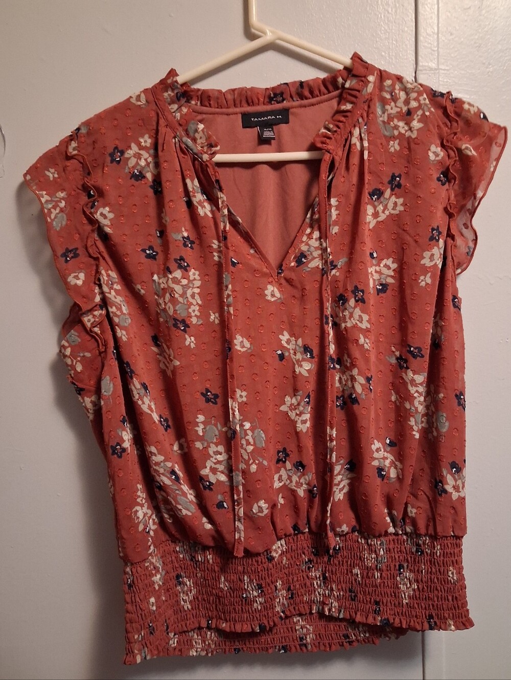 Rust Floral Tie-Neck Smocked-Hem Blouse